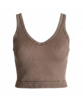 Zenana Outfitters Ribbed V-Neck Crop Tank L/XL - Taupe/Mushroom NWOT